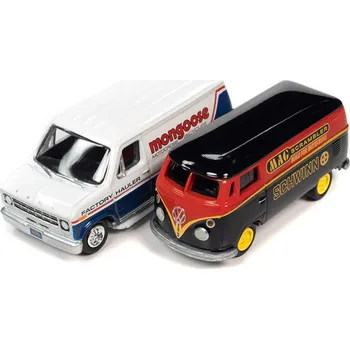 autíčko Volkswagen Type-2 Transporter 1965 černý + Ford Econoline Van 1976 1:64 - Johnny Lightning VW Schwinn Van + Ford Mongoose Van- sběratelský model auta 1/64