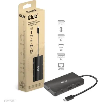 Příslušenství pro notebook Club3D Dokovací stanice USB-C 7v1, 2xDP, 2xUSB-C, 2xUSB, 1xRJ45, černá
