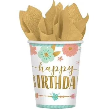 Jednorázové nádobí Amscan Kelímky papírové Boho birthday girl 8ks 250ml