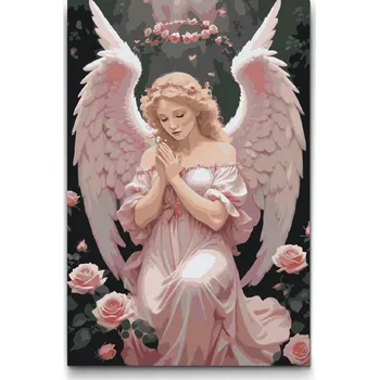 Malování podle čísel - Anděl s růžovými růžemi Velikost: 40x60cm, Rámování: Pouze srolované plátno