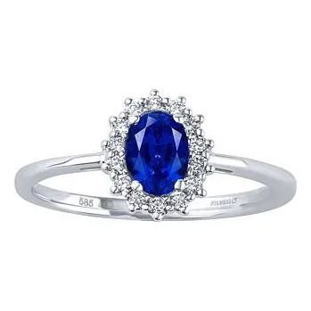 Šperk Zlatý zásnubní prsten princezny KATE z bílého zlata s přírodním safírem a diamanty 0,20 ct velikost obvod 52 mm DNN2809RGWDBS-obvod 52 mm