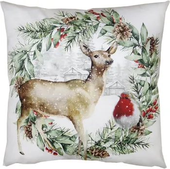 Dekorativní polštářek Povlak na polštář s motivem srnky a vánočním věncem – 45x45 cm