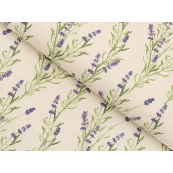 Dekorační lněná látka LEN-009 Levandule na režném - metráž šířka 155 cm