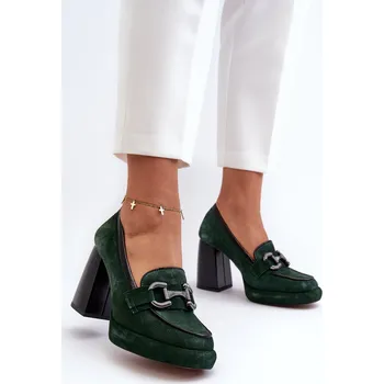 Dámské lodičky Kožené lodičky na masivním sloupku Laura Messi 2706 Barva: Zelená, Velikost: 36