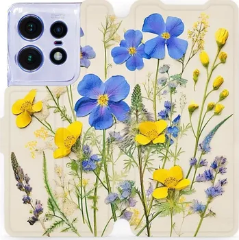 Pouzdro na mobilní telefon Flipové pouzdro Mobiwear - Motorola Edge 50 Pro - VP41S Modré a žluté kvítky (Knížkové flip pouzdro, obal, kryt na mobil Motorola Edge 50 Pro - VP41S Modré a žluté kvítky, materiál Umělá kůže + TPU - ochrana 360°, stojánek, silikonová vanička, magnetické)