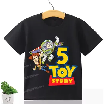 Disney Dětské narozeninové tričko s potiskem Toy Story s číslovkou, černé Číslovka: 5, Velikost: 110 CM