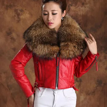 Dámský křivák Luxusní kožená bunda ovčí kůže a pravá kožešina mývala Barva: Červená, Velikost: M