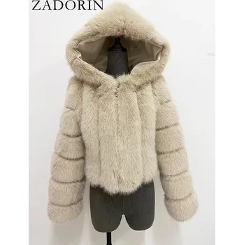 Dámský kožich Krátký kožich s kapucí a prošíváním Barva: Khaki, Velikost: L