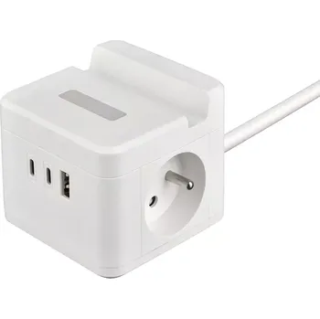 Elektrická zásuvka Síťový adaptér VIKING YC23H, bílá/Output:2xAC,1xUSB-A,2xUSB-C/držák na mobil/LED světlo/1,4m kabel
