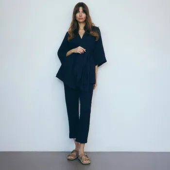 Dámské kalhoty Reserved - Kalhoty z bavlněného mušelínu - tmavomodrá - 730DF-59X - 730DF-59X-XS