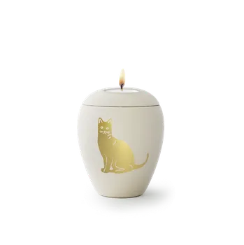 Smuteční dekorace Zvířecí urna Siena Cat se svíčkou - Krémová 0,5l