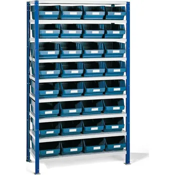 Dílenský regál Regál s plastovými boxy REACH + MIX, 1740x1000x500 mm, 32 modrých boxů