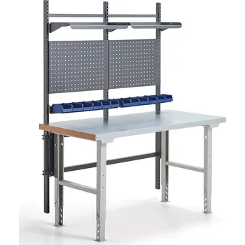Dílenský stůl Dílenský stůl SOLID, s panelem na nářadí, boxy a policemi, 1500x800 mm, ocel