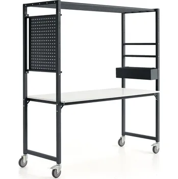 Dílenský stůl Mobilní multifunkční stůl TEAMWORK, box na příslušenství, perforovaný panel, antracitová/bílá