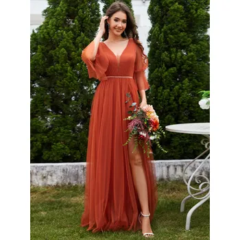 Dámské šaty Tylové šaty pro družičku s dlouhými lucernovými rukávy Barva: Oranžová, Velikost: S