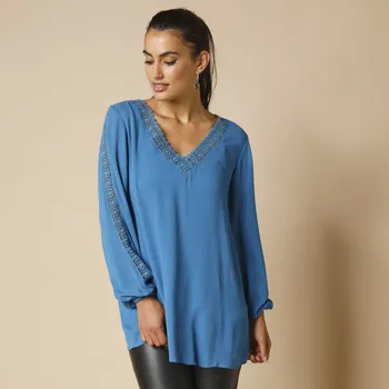 Dámské tričko Tunika s macramé a dlouhými rukávy, krepon modrá 36