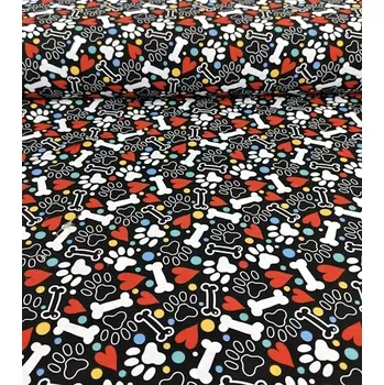 Loneta dekorační látka tlapky na černé | RTex