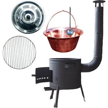 Kempingové nádobí Měděný kotlík 20 L (1,2 mm) + Nerezový rošt 45 cm + nízká žáruvzdorná kotlina 42 cm PLUS 600 + nerezová poklice + naběračka