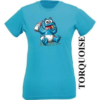 Dámské tričko damske levne tricko cookie monster Barva: Turquoise - tyrkysová, Výstřih: Kulatý výstřih kolem krku, EU dámská velikost: eu 32/34 (dívčí prodloužená 116) viz tabulka velikostí