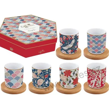 Easy Life OKINAWA červenomodré porcelánové espresso kelímky a bambusové podložky s čápem a růžovými květy *COFFEE MANIA* 110ml 6 ks