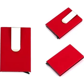 Pouzdro na karty s RFID ochranou, výsuvné, s ejectorem a sponou na bankovky Červená