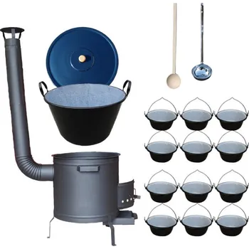 Kempingové nádobí Smaltovaný kotel 50 L s žáruvzdornou kotlinou 50 cm a se servírovacími kotlíky (12 ks) PLUS 600