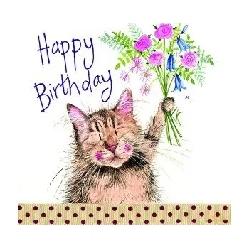 Přání v obálce Alex Clark, Cat & Bouquet (Přání kočka, s kočkou)