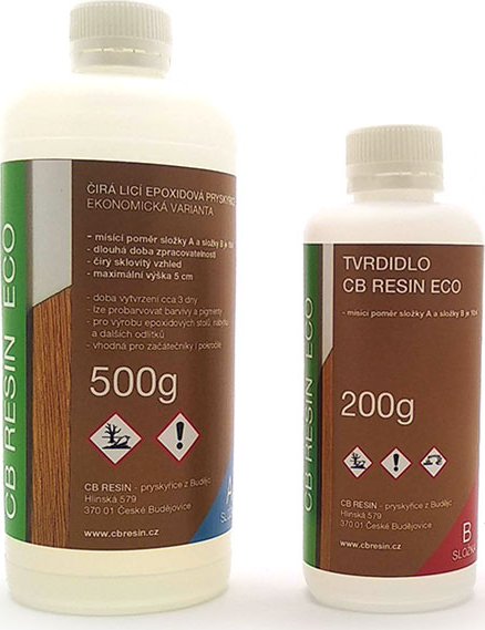 CB RESIN ECO 700g čirá licí epoxidová pryskyřice (Ekonomická licí pryskyřice pro výrobu větších a středních transparentních odlitků, epoxidových stolů, epoxidových lamp, reklamních a dekorativních předmětů nebo pro použití v modelářství.)