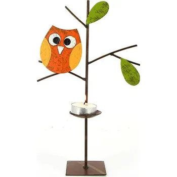 Svícen GLOBO Fair Trade Partner Kovový svícen Stromek s oranžovou sovičkou z Kolumbie, 26 cm