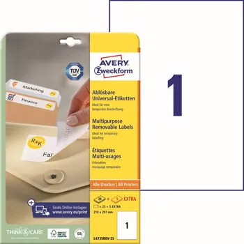 Samolepící etiketa Avery Zweckform L4735REV-25 Snímatelné etikety A4 210x297 mm, 30 ks, bílé + online software pro tisk etiket + tisková šablona ke stažení zdarma