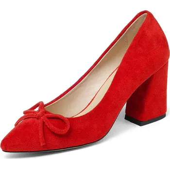 Dámské lodičky Semišové červené lodičky s mašlí - 37 Barva: Červená, Velikost: 37