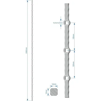 Probíjená tyč H 2000 mm opískovaná, zdobený profil 12x12 mm, rozteč děr 120 mm, na jedné tyči je 16x oko 12,5x12,5 mm