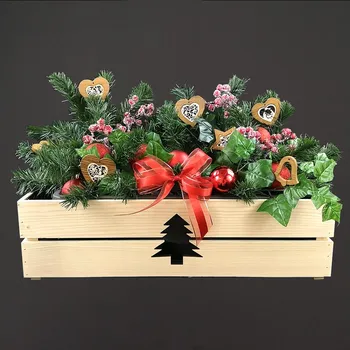 Truhlík AMADEA Dřevěný vánoční truhlík se stromečkem přírodní, uvnitř s černou fólií, 62x21,5x17cm, český výrobek