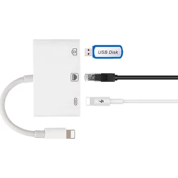 Datový kabel Přepojka / adaptér pro Apple iPhone / iPad - Ethernet + USB-A + Lightning pro nabíjení