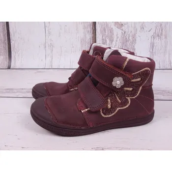 Dívčí polobotky D.D.step Celoroční kožené boty obuv D. D. step A049-940A kotníkové vínové s motýlem a kytičkou velikost: 29