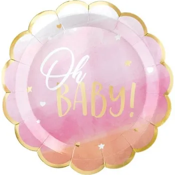 Party dekorace Amscan Baby shower Oh Baby Girl Talíře metalické růžové 26,6 cm 8 ks