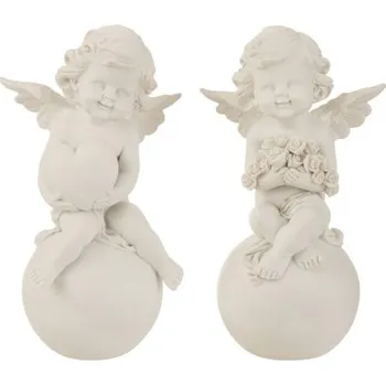 Sada 2ks bílých andělů na kouli s růžemi a se srdcem -12,5*10*21cm