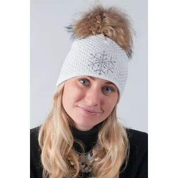 Čepice R-JET Bílá dámská zimní pletená čepice s pravou kožešinovou odepínací bambulí v přírodní barvě