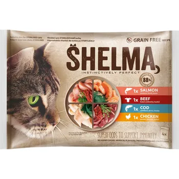 Krmivo pro kočku SHELMA Cat kuře, hovězí, losos a treska, kapsa 85 g (4 pack)