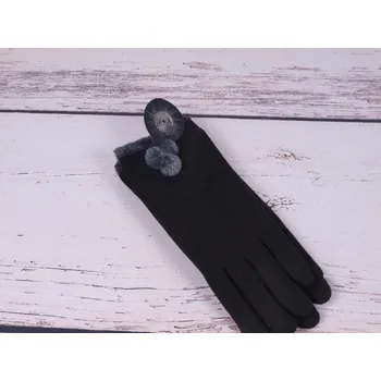 Rukavice Rukavice YO RS035 černé elegantní s šedým lemem a bambulkami velikost rukavic: 24 cm