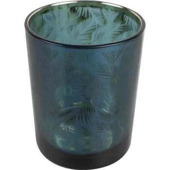 Svícen Skleněný svícen v petrolejové barvě s dekorací palmových listů - Ø 10*12cm