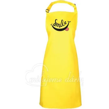 Kuchyňská zástěra Smile, žlutá kuchyňská zástěra se sponou a s laclem s černým potiskem