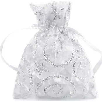 Dárkový pytlík 6,5x9 cm organza s glitry, barva 5 bílá stříbrná