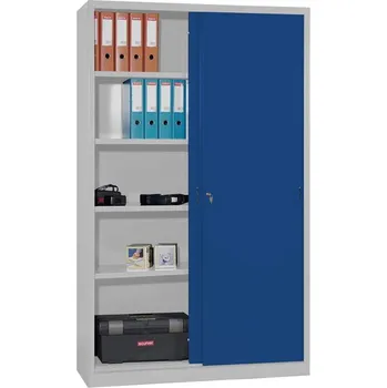 Kovová skříň s posuvnými dveřmi, v x š x h: 1990 x 1200 x 435 mm, barva šedá RAL7035 / modrá RAL5010