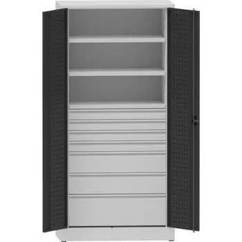 Dílenská skříň na nářadí, v x š x h: 1950x950x500 mm, perforované panely, 2 x police, 7 x zásuvka, barva šedá RAL7035 /antracit RAL7016