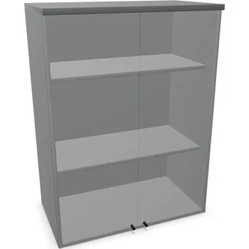 Policová skříň Kancelářská skříň - dvoukřídlé prosklené dveře, nástavec v x š x h: 1070 x 800 x 445 mm, barva tmavě šedá