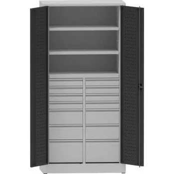 Dílenská skříň na nářadí, v x š x h: 1950x950x500 mm, perforované panely, 2 x police, 14 x zásuvka, barva šedá RAL7035/antracit RAL7016