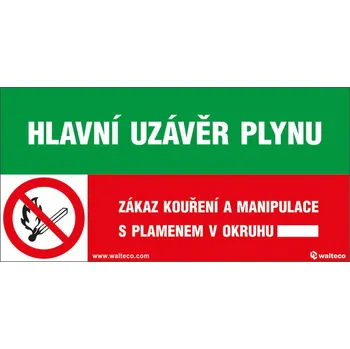 Walteco Hlavní uzávěr plynu/Zákaz kouření a manipulace s plamenem!, 150x80mm, samolepka Množství: 1 ks