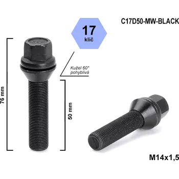 Šroubek na kolo Kolový šroub M14x1,5x50 kužel pohyblivý, černý, klíč 17, C17D50-MW-BLACK, výška 76 mm