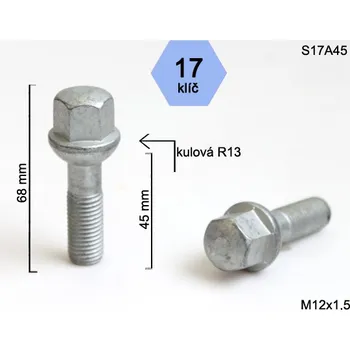 Šroubek na kolo Kolový šroub M12x1,5x45 kulový R13, klíč 17, Ronal S17A45R13, výška 68